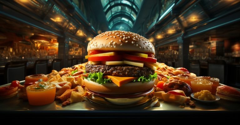 A big burger surrounded by processed food in self-worth and overeating.
